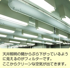 天井照明の間からぶら下がっているように見えるのがフィルターです。